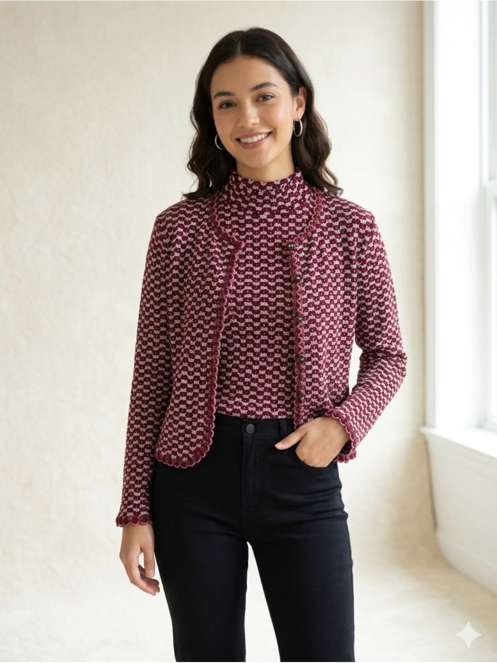 Vintage set stretchy maroon metallic turtleneck top w/ cardigan 3/4 sleeve sz S
